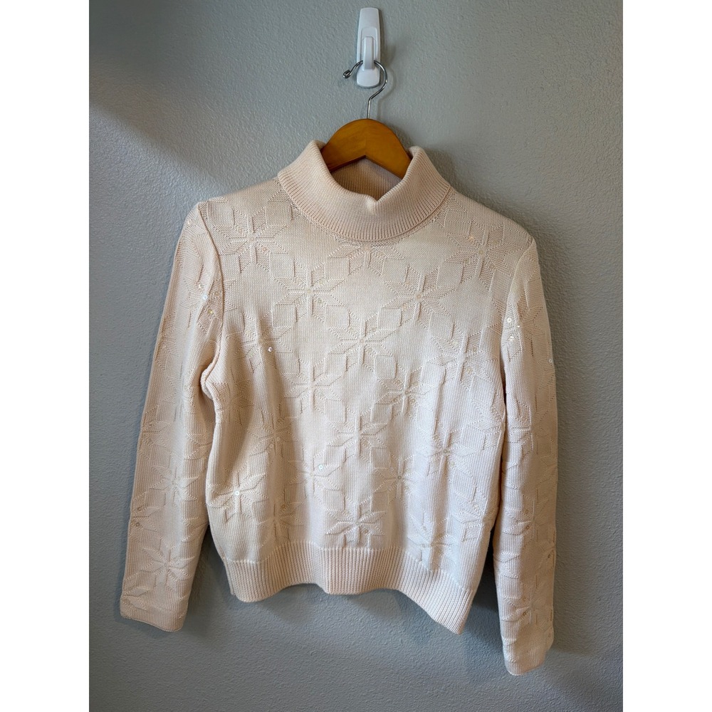 St. John Sport‎ Sweater Womens Small Cream Wool Silk Snowflake Sequin Mock VGT